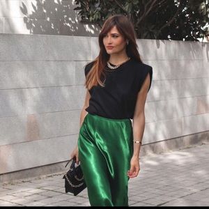 Zara Green Satin Effect Midi Skirt XS